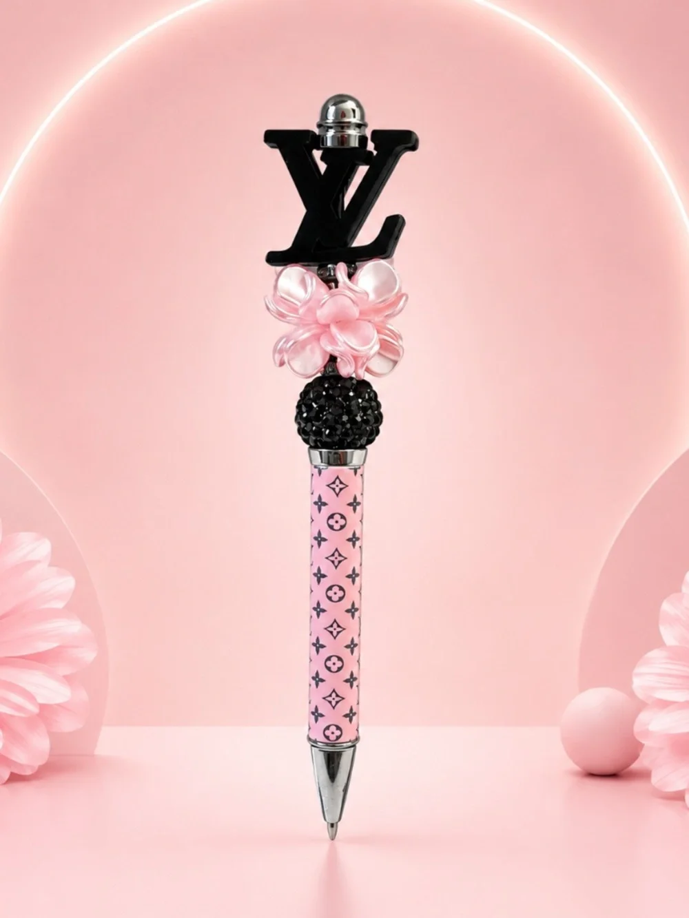 Blush Pink Floral Charm Rhinestone Beaded Pen